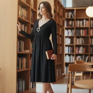 Elegant Black Long-Sleeve V-Neck Dress with Heart Detail